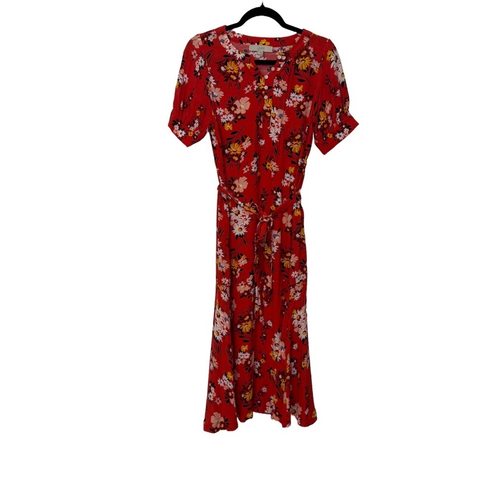 LOFT Floral Puff Sleeve Midi Dress in Roast Red Tomato Sz. 4 - Picture 3 of 6